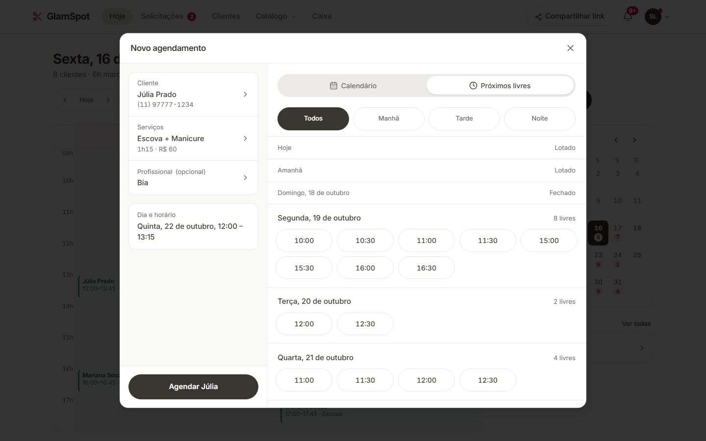 Mesma tela no computador com a lista de próximos livres à direita