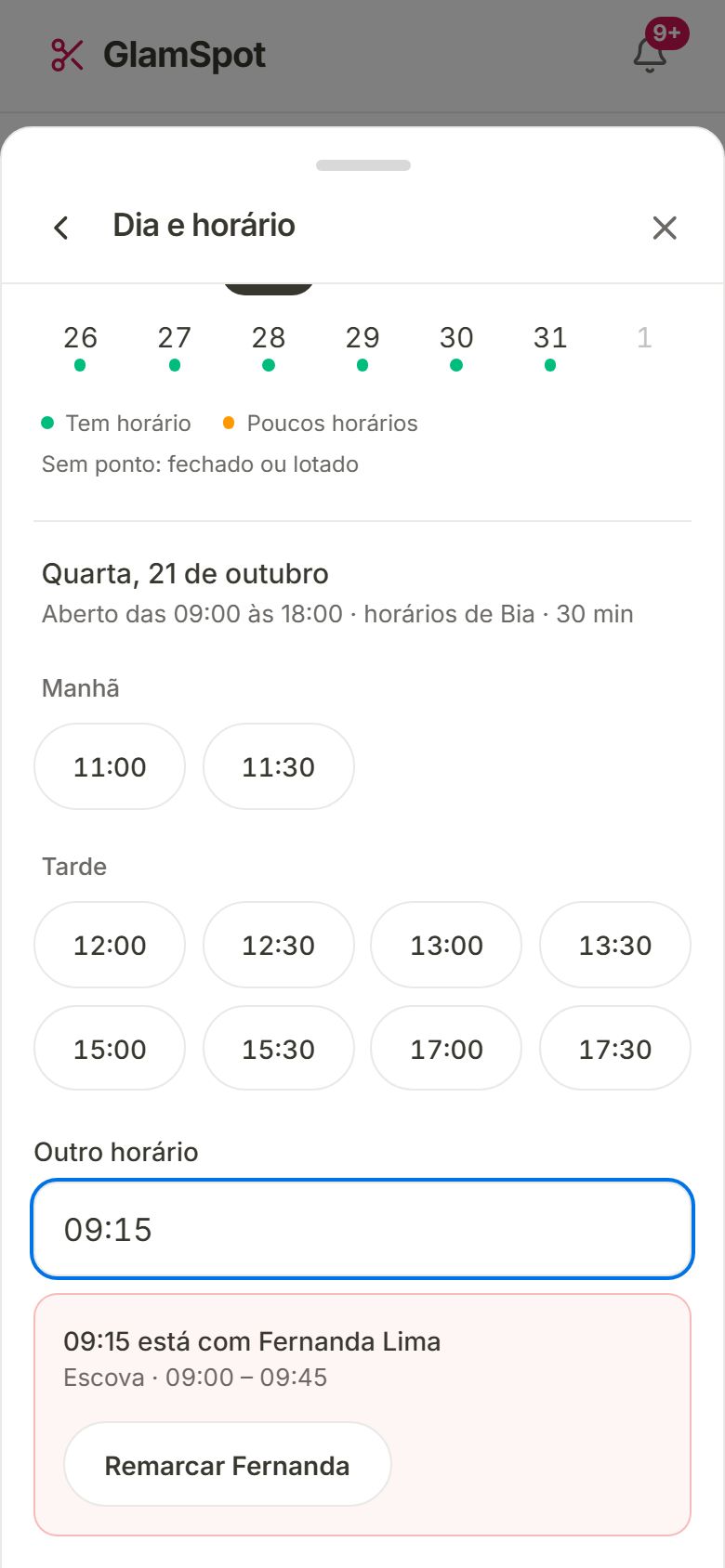 Campo Outro horário com 09:15 digitado e o aviso de que o horário está com outra cliente