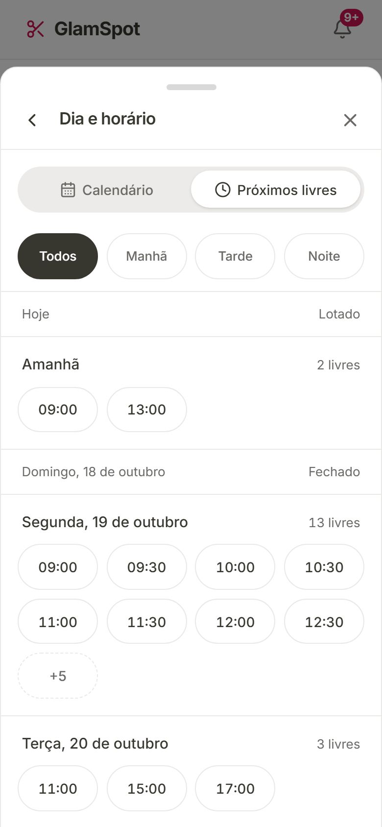 Lista de próximos livres: hoje lotado, amanhã com dois horários, domingo fechado e os horários de segunda e terça