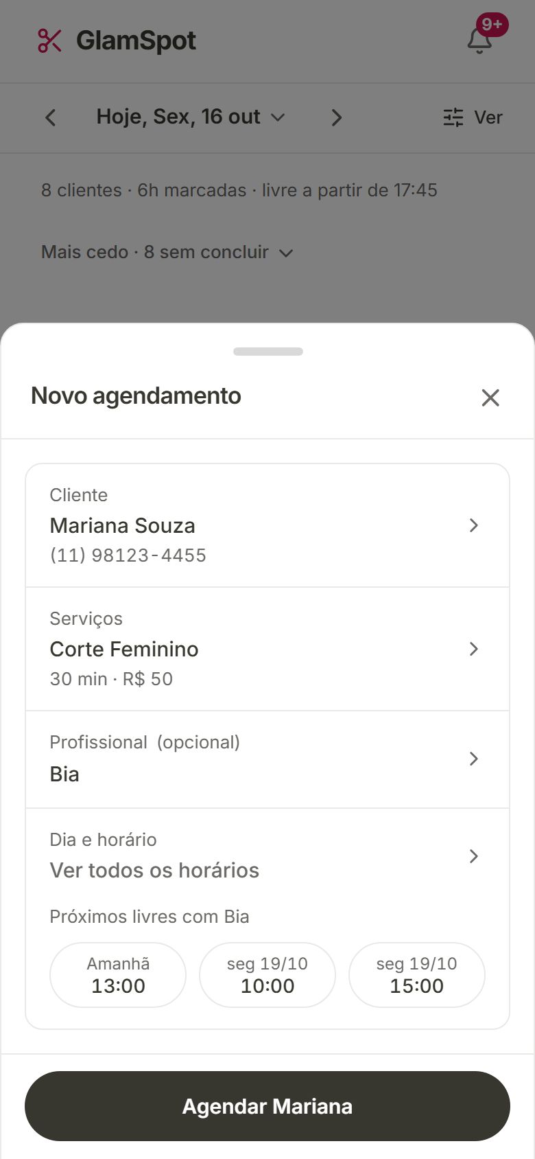 Resumo do novo agendamento com três sugestões de horário embaixo de Dia e horário