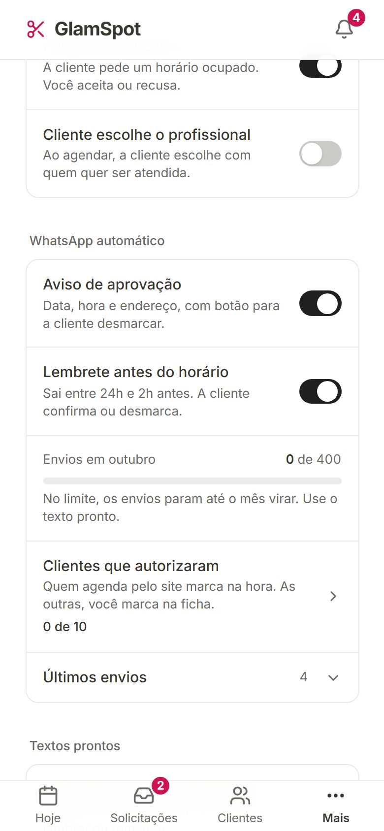 Grupo WhatsApp automático em Ajustes da agenda com Aviso de aprovação e Lembrete ligados