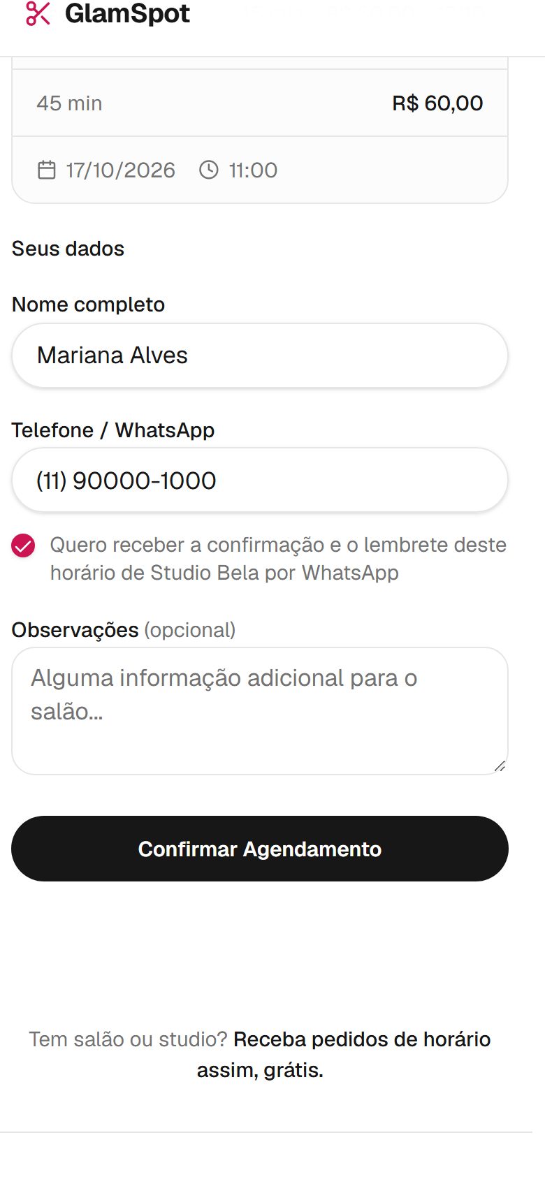 Tela de confirmar agendamento com a opção Quero receber a confirmação e o lembrete por WhatsApp marcada