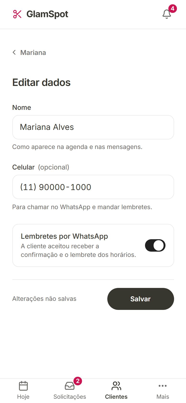 Editar dados da cliente com Lembretes por WhatsApp ligado