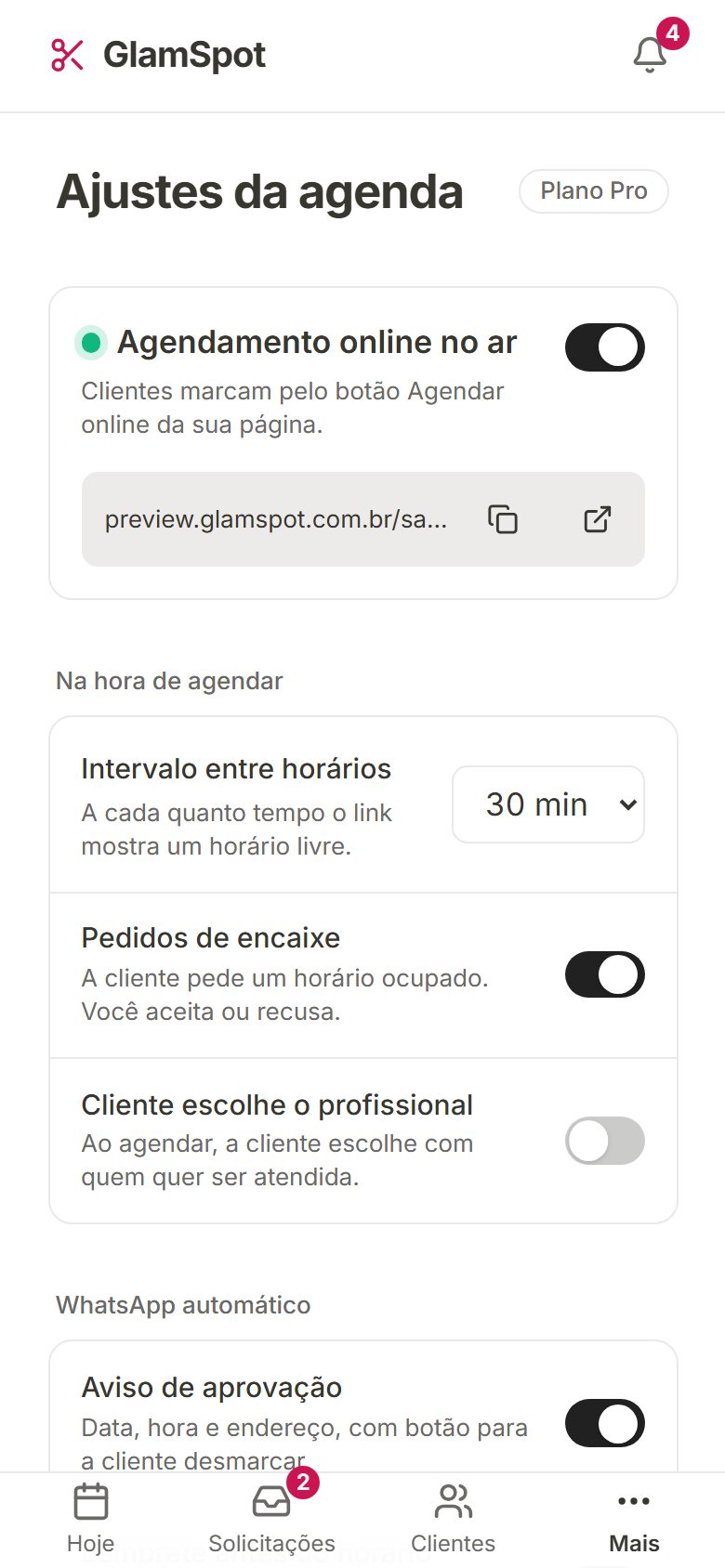 Ajustes da agenda com o agendamento online no ar e opções de horário