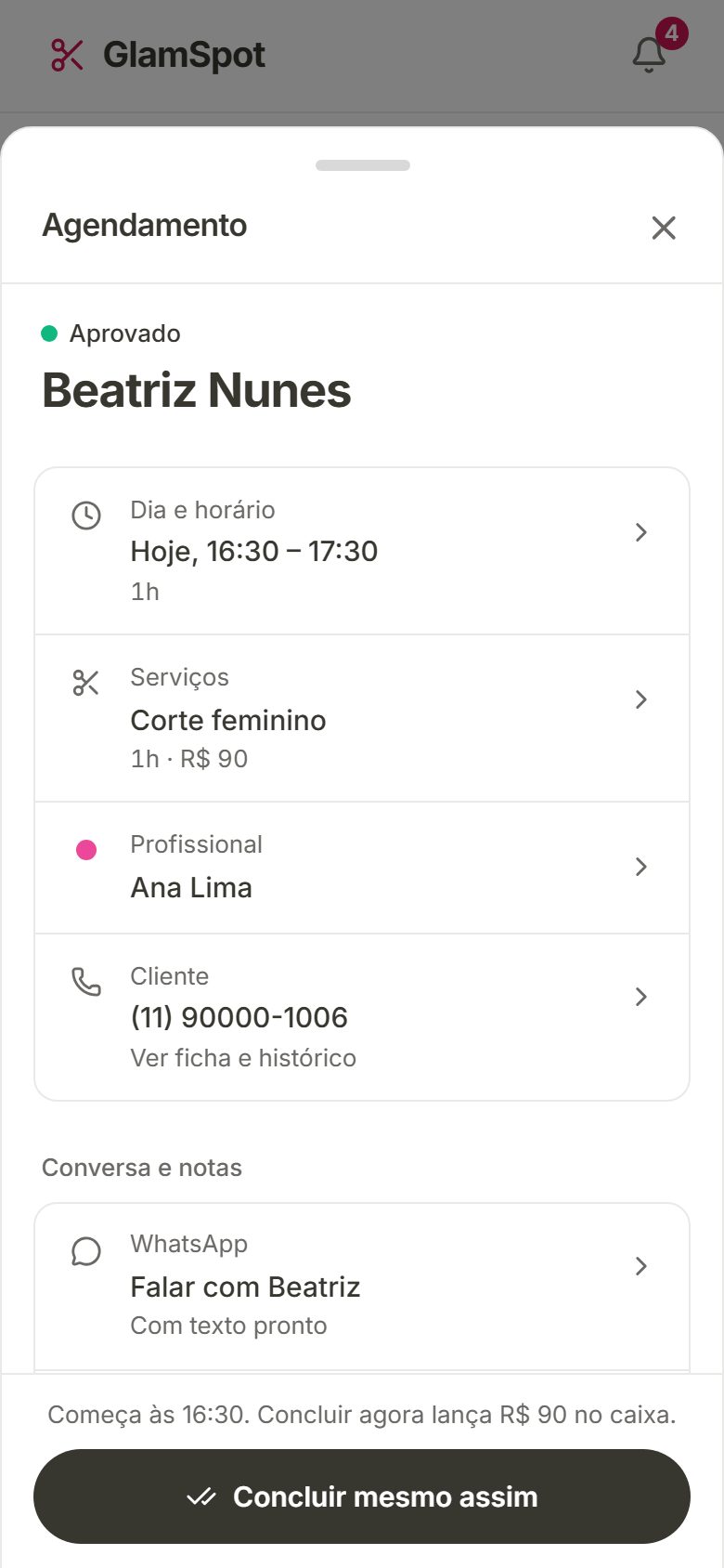 Detalhe do agendamento com dia e horário, serviços, profissional, cliente e WhatsApp