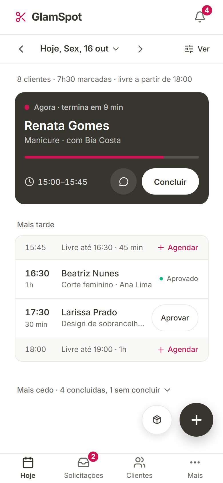Aba Hoje com o atendimento em andamento e os próximos horários