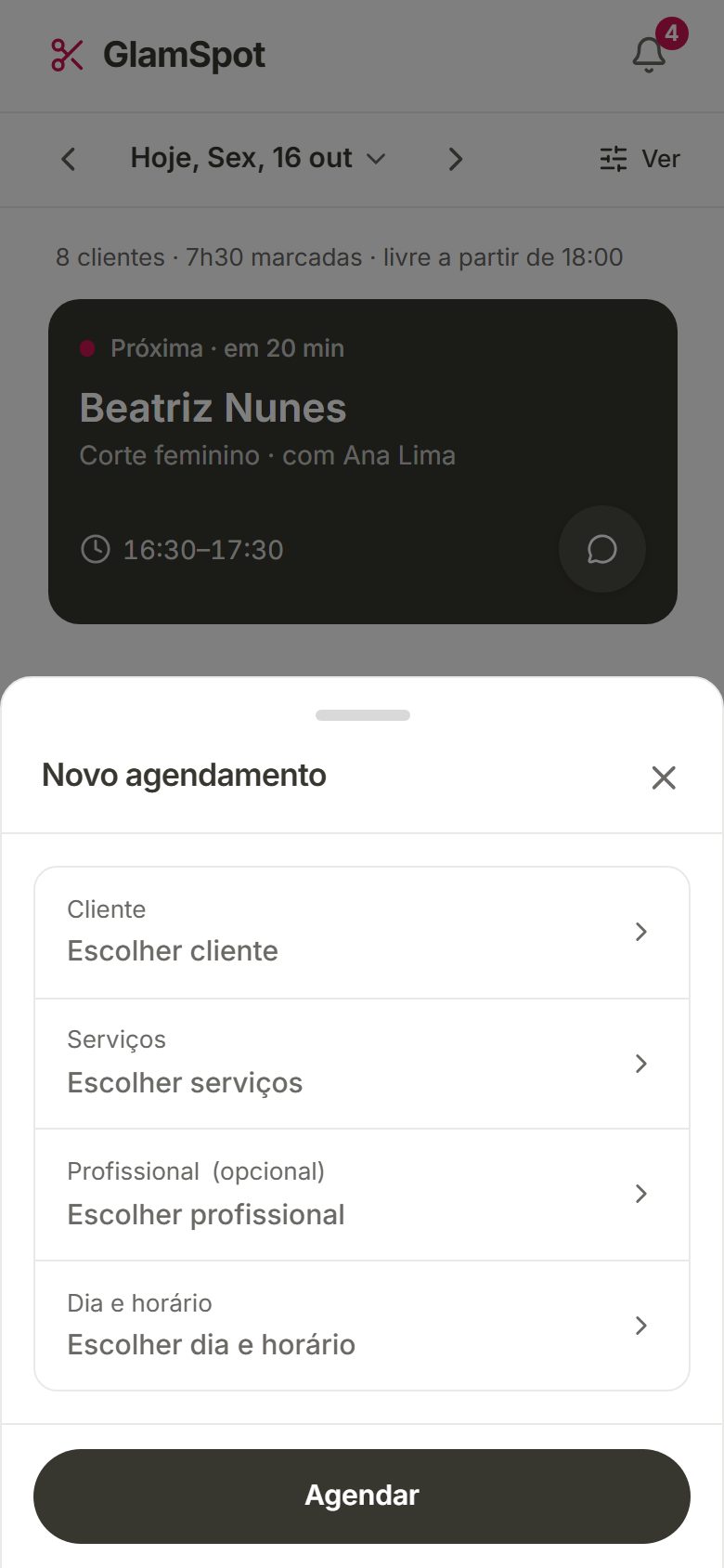 Gaveta Novo agendamento com cliente, serviços, profissional e dia e horário