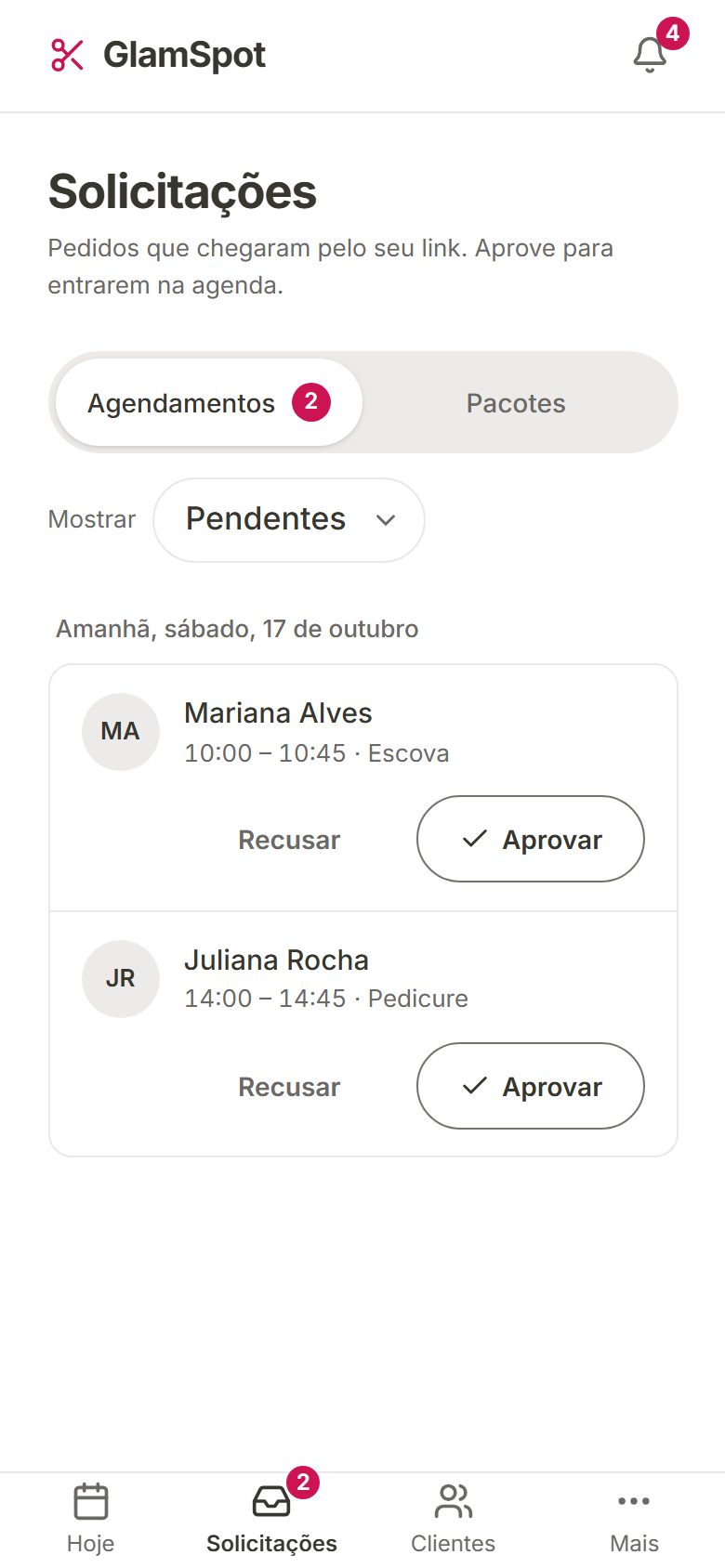 Solicitações com dois pedidos pendentes e botões Aprovar e Recusar